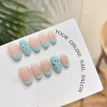Qfdian Handmade Refreshing Mint French Short Oval Press On Nails Eggshell Design False Nails Wearable Manicure For Women And Girls
